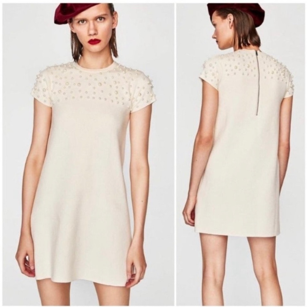 Zara Cream Knit Short Sleeve Pearl Embellished Zip Back Shift Dress S